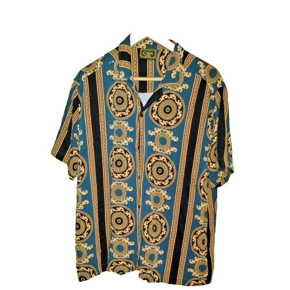 CASA Moda Couture Men’s Short Sleeve Button-Up Shirt Black Gold Pattern Size L.